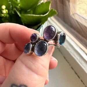 Sterling Silver Ring. Stamped 992. Handmade marked RPS. Amethyst and Blue Gems.